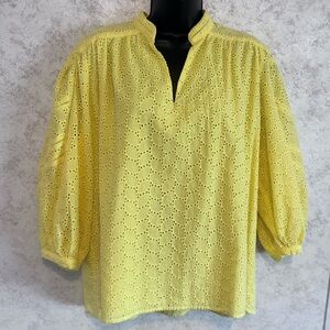 Draper James RSVP Yellow Puff Sleeve Eyelet Lace Blouse Women's Size Large Lined